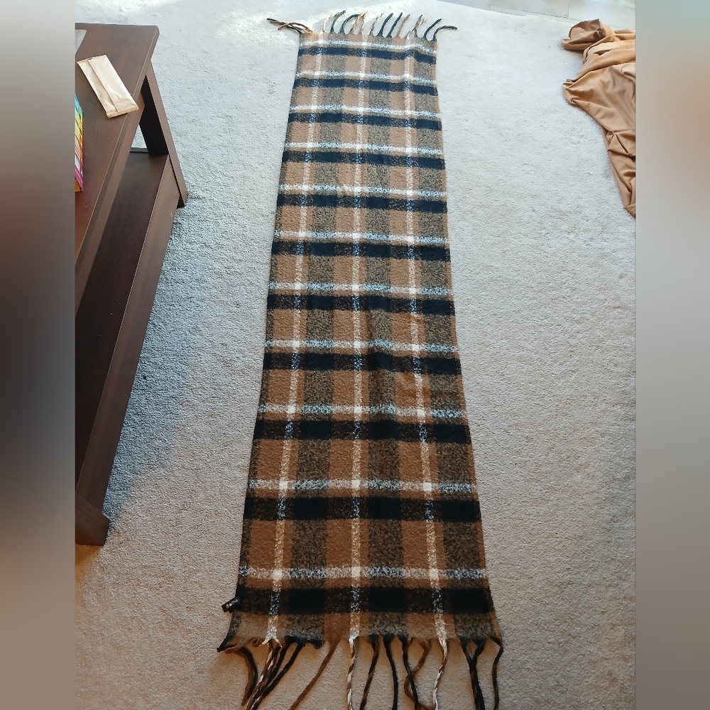 Denver Hayes Cozy Fringe Scarf in Brown, Black, White Plaid - Picture 4 of 7